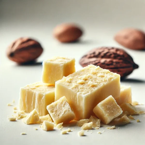 Cocoa butter chunks with cacao beans in the background