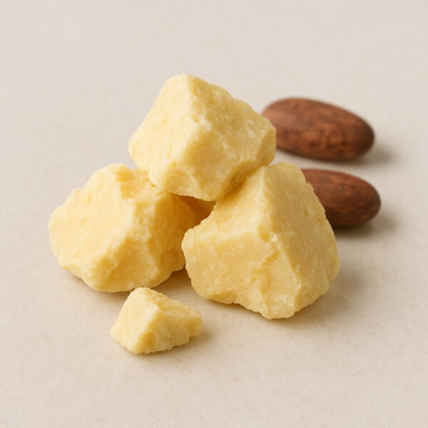 Cocoa butter chunks with cacao beans in the background